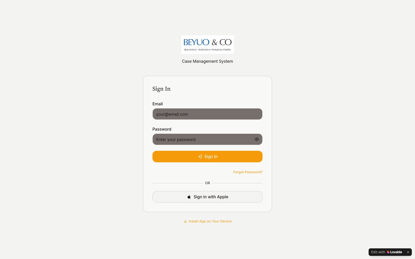Screenshot of the Beyuo&Co Vault website, a law firm case management & analytics system platform